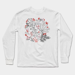 Flowers and Leaves with Autumn Berries_Black Lines Long Sleeve T-Shirt